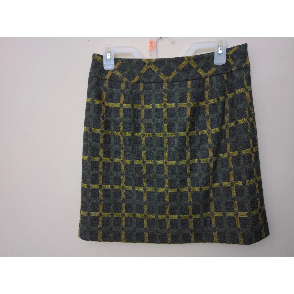 Ann Taylor Loft Skirt Womens 4P Gray Green Yellow Plaid Wool Blend Buckle A-Line